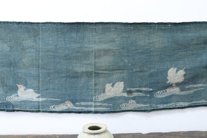Antique Navy Hand Illustrated Bird Textile