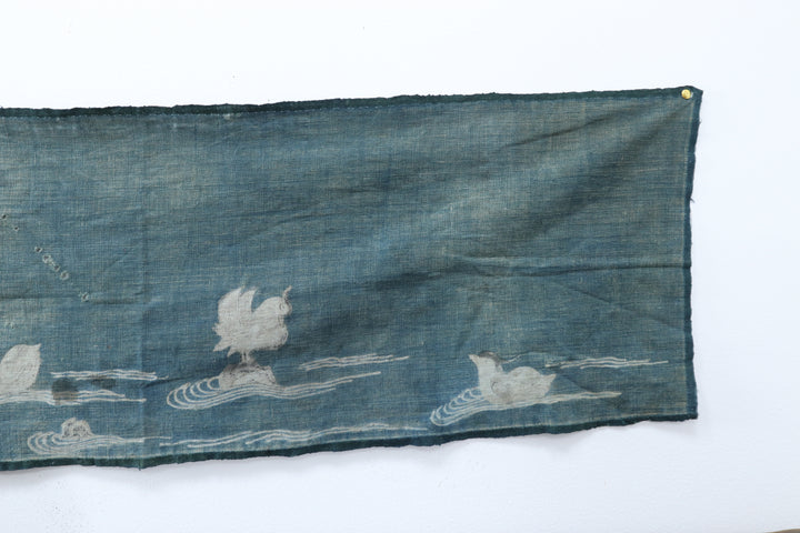 Antique Navy Hand Illustrated Bird Textile