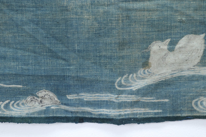 Antique Navy Hand Illustrated Bird Textile