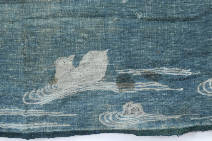 Antique Navy Hand Illustrated Bird Textile