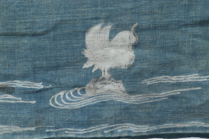 Antique Navy Hand Illustrated Bird Textile
