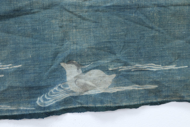 Antique Navy Hand Illustrated Bird Textile