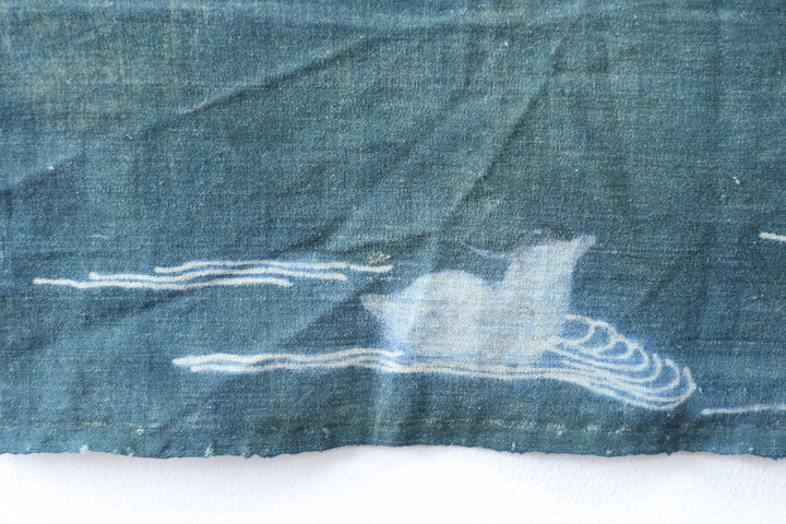 Antique Navy Hand Illustrated Bird Textile