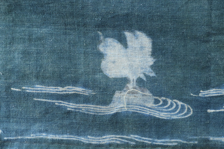 Antique Navy Hand Illustrated Bird Textile
