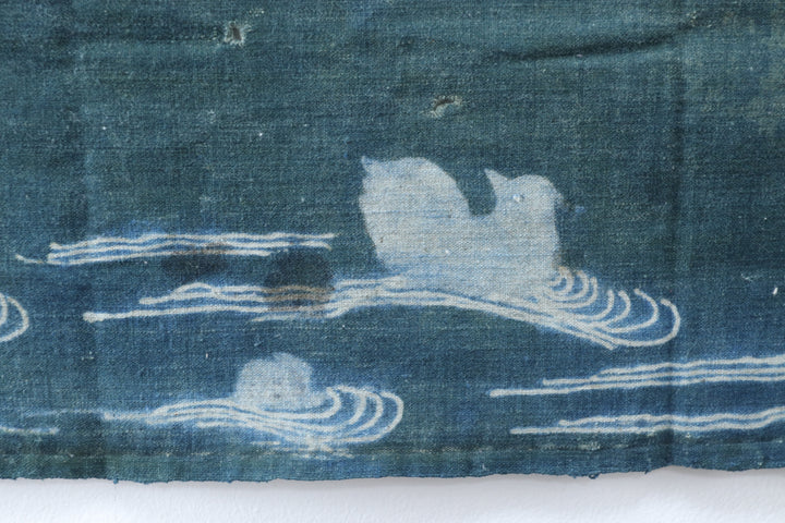 Antique Navy Hand Illustrated Bird Textile