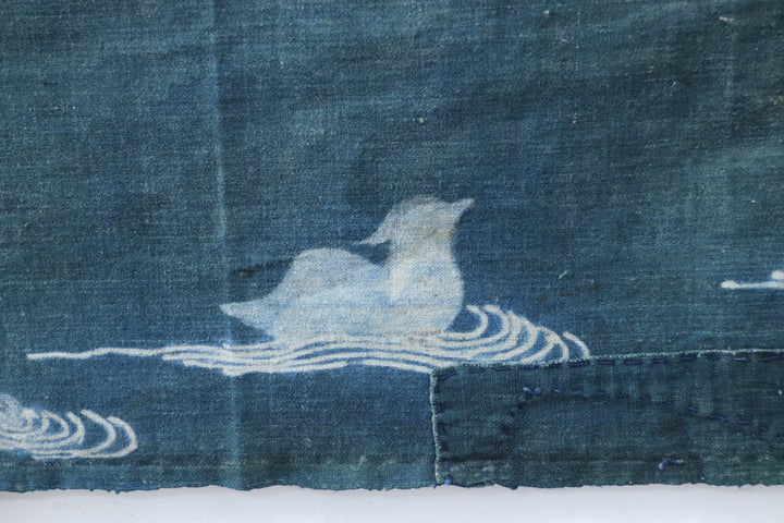 Antique Navy Hand Illustrated Bird Textile