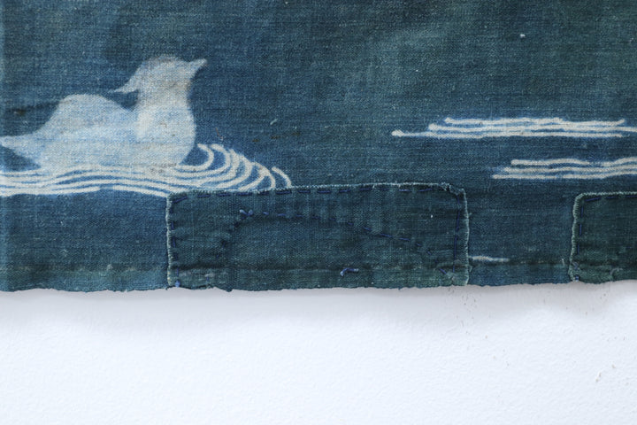 Antique Navy Hand Illustrated Bird Textile