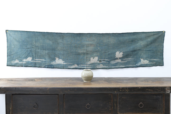 Antique Navy Hand Illustrated Bird Textile