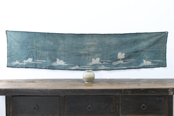 Antique Navy Hand Illustrated Bird Textile