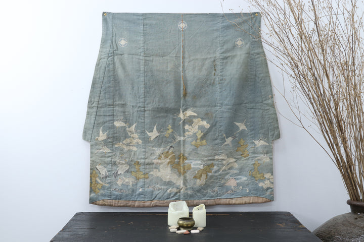 Antique Asian Blue hand-painted Textile Fabric 