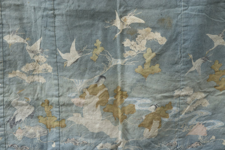 Antique Asian Blue hand-painted Textile Fabric 