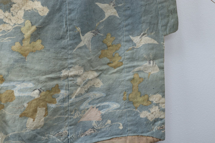 Antique Asian Blue hand-painted Textile Fabric 