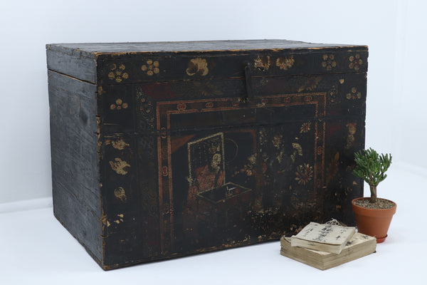 Antique Chinese Asian Dark Hand-painted Large Box Container