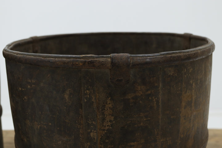 Vintage wooden barrel box grain measures