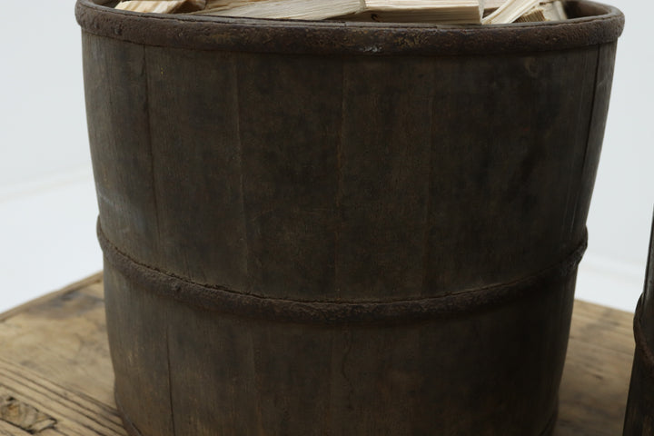 Vintage wooden barrel box grain measures