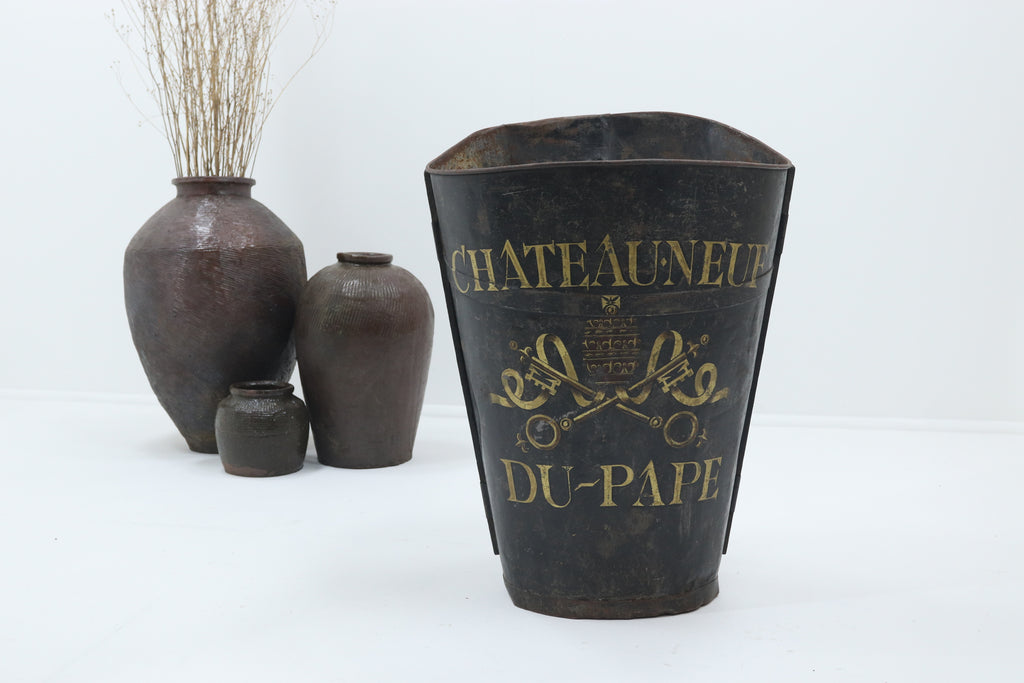Vintage tin Chateau Neuf Du-Pape grape carrier 